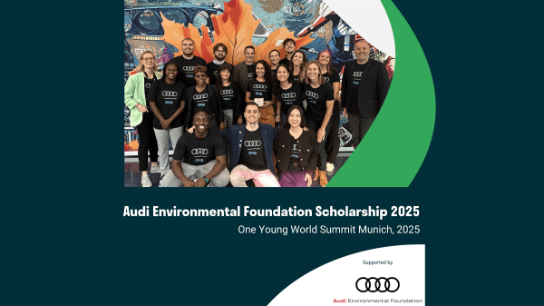 Audi Environmental Foundation Scholarship 2025 Group photo of young people in black t-shirts with Audi rings logo, and the Audi logo on the right.