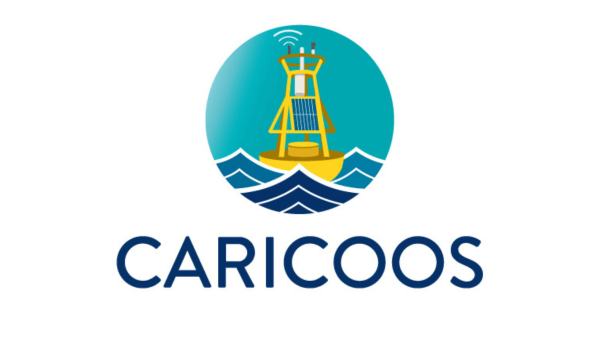 Logo of a yellow solar-powered buoy on some waves with text that reads "CARICOOS"
