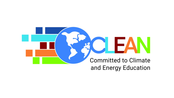 Logo featuring a blue graphic of Earth with colored lines to the left of it; text reads "CLEAN, Committed to Climate and Energy Education"
