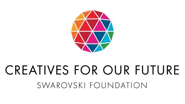 A white background displays a multicoloured geometric circular logo positioned above the text “Creatives for Our Future” and “Swarovski Foundation.”