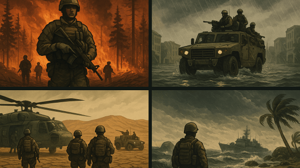 A series of four graphic depictions of military personnel in different weather environments, including a wildfire, a flood, a dry desert, and a stormy coast