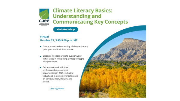 Promotional Flier Image Promotional Flier Image for "Climate Literacy Basics, Virtual, October 21, 3:45-5pm MT"