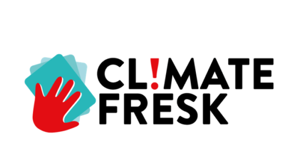 Climate Fresk Logo Logo featuring a red hand on top of a blue pile of cards; next to this, text reads "Climate Fresk"