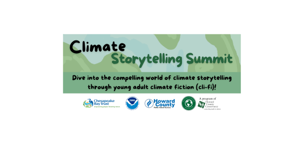 Green graphic with text that says "Climate Storytelling Summit" with a row of logos at the bottom