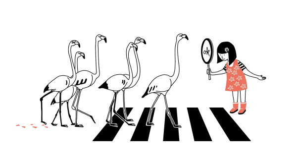 Illustration of flamingos walking across a crosswalk