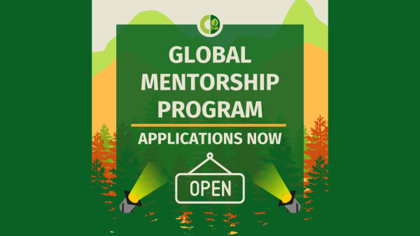 CoalitionWILD Global Mentorship Program Graphic stating "Global Mentorship Program - Applications Open" on a green square with mountain silhouettes