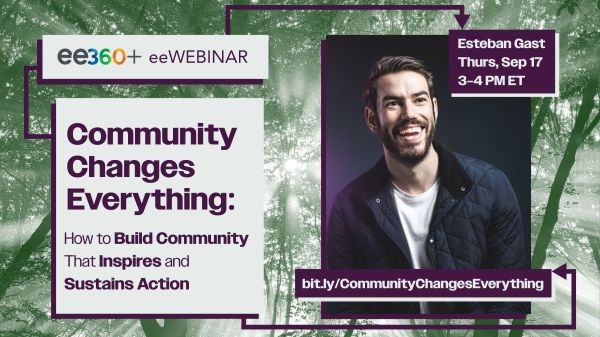 Text "Community Changes Everything: How to Build Community That Inspires and Sustains Action" and a photo of Esteban Gast