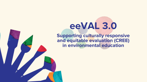 Multicolor artist tools are arranged in the bottom corner with the text "eeVAL 3.0: Supporting culturally responsive and equitable evaluation in EE."