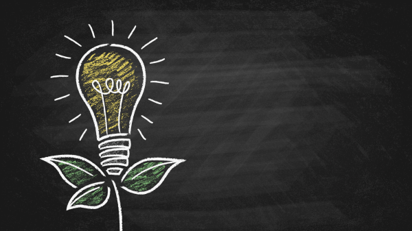Crash Course in Effective Climate Change A chalk-drawn lightbulb sprouts from a small green plant, all on a black chalkboard background