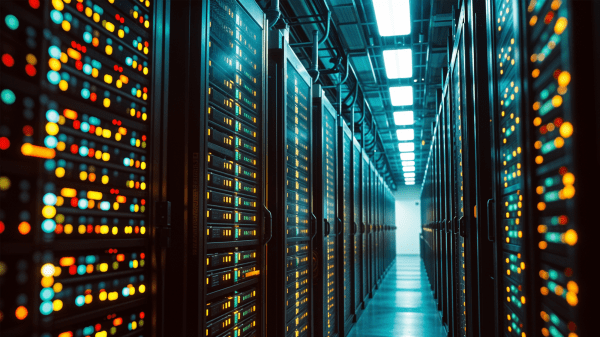 Data Center A deep hallway within a data center includes shelves with multicolored lights