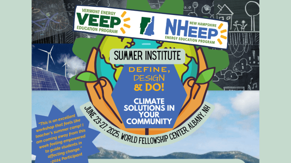 Define, Design, and Do! Climate Solutions in Your Community Flyer for the Summer Institute: Define Design & Do! Climate Solutions in Your Community; design includes a graphic of two hands holding the earth with pictures of a chalkboard and cloudy sky behind it