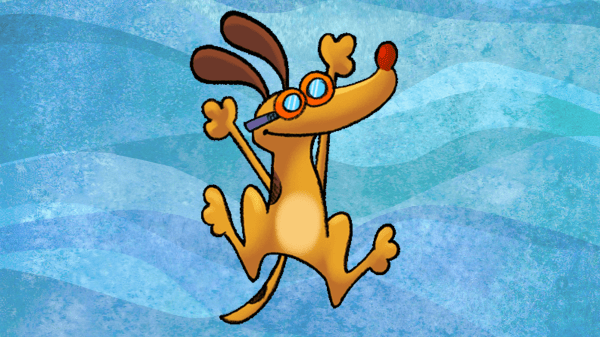 DiscoverWater.org A cartoon dog wearing goggles lays in the middle of a textured blue wave background