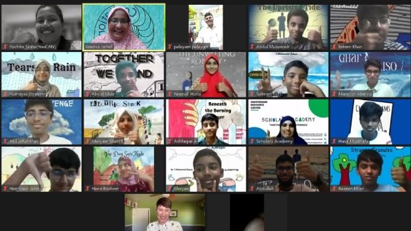 Earth Authors for Climate Change virtual book launch Screengrab of all sixteen young authors in the Earth Authors for Climate Change virtual launch
