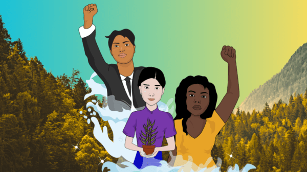 Youth Environmental Justice Program Three stylized figures stand amidst swirling water against a backdrop of lush, green, coniferous forests and a gradient sky transitioning from teal to yellow