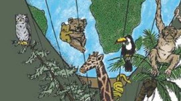 Illustration of a hot air balloon filled with wildlife and a person pulling up another person outside the balloon