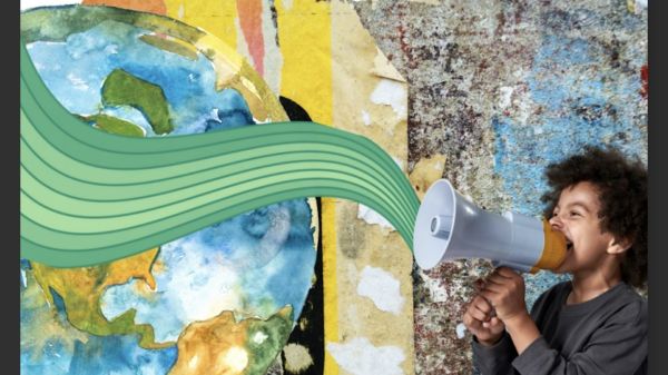 a young person using a bullhorn to call out to planet earth