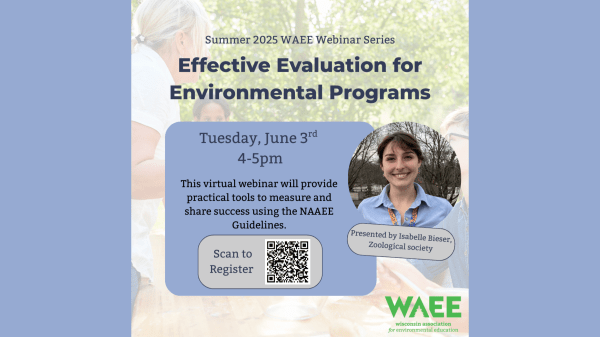 Effective Evaluation for Environmental Programs Webinar Virtual flier for the event with registration QR code and event details