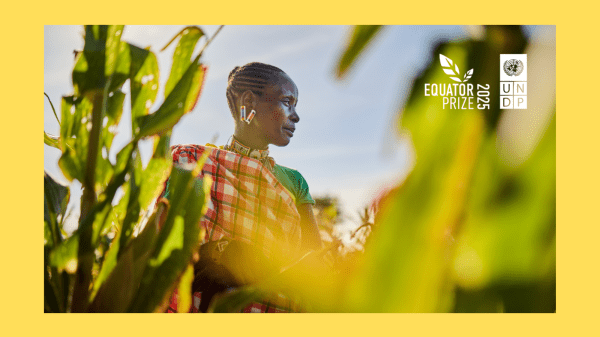 Equator Prize A woman in a corn field in a background image with The EQUATOR UN PRIZE DP logo, featuring stylized text and a graphic element.