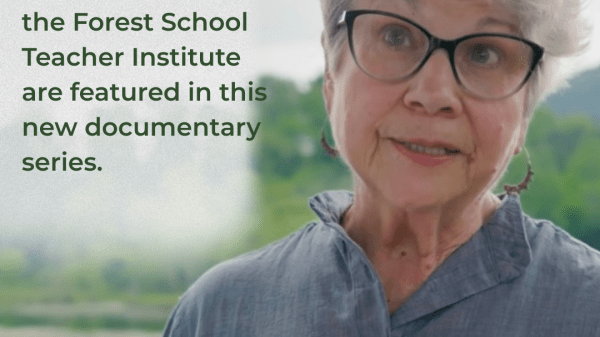 Dr. Jean Lomino stands outdoors beside a pond. Text reads, “Farm School’d is here! Dr. Jean Lomino + the Forest School Teacher Institute are featured in this new documentary series.”