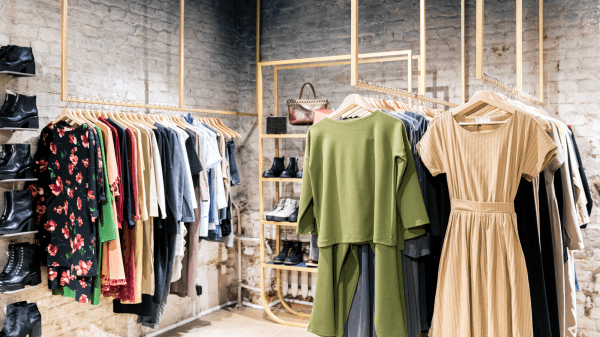 Fast Fashion A brick-walled room contains a shelf of shoes, rack of clothes, a shelf of shoes and a handbag, and an additional rack of clothes