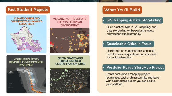 Program title, dates, and location details next to four young people smiling around a laptop covered in stickers, with thumbnails of past student climate and environmental justice mapping projects.