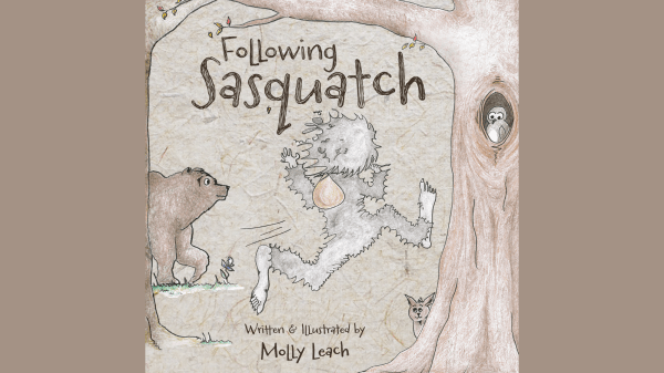 Following Sasquatch Illustration of Sasquatch, a furry creature with a friendly demeanor, playfully skipping through a forest carrying a sack. A curious bear peeks from behind a tree, while an owl watches from a tree hollow and a small animal peeks around another tree trunk. The scene captures a whimsical and nature-inspired atmosphere.
