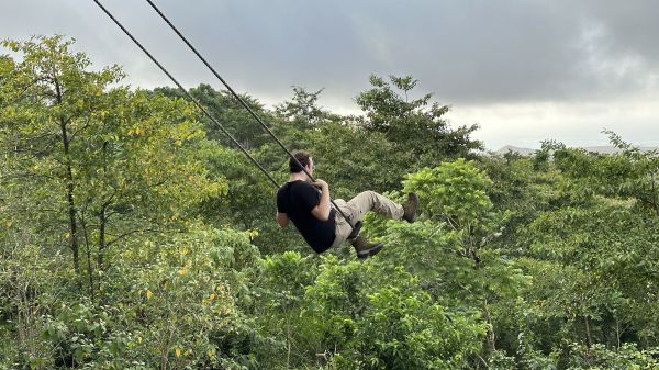 Relaxing at a Lodge in the Galapagos Person on a swing, enjoying a sweeping view of trees in the Galapagos Highlands
