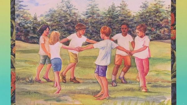 Circling the Sun, Racing the Wind, an Activity Book by Edith Pucci Couchman An image of a ring of moving children. This serves as the cover for Circling the Sun, Racing the Wind, an activity book by Edith Pucci Couchman