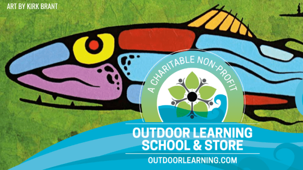 Indigenous Language Learning Courses Graphic with a white background, notebook, bird, and salmon illustrations. Profile photos of the three instructors are under the title, "Intro Online Opportunities. Indigenous Language Learning." The Outdoor Learning School & Store logo is at the bottom. The salmon illustration is illustrated by Kirk Brant.
