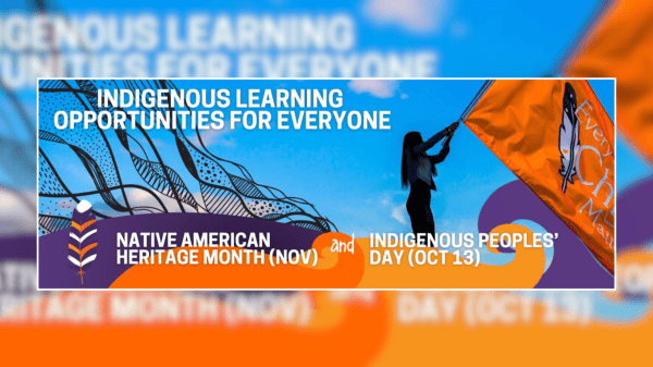 Native American imagery fill the background in orange and purple under the text "Native American History Month: November' and "Oct. 13: Indigenous Peoples' Day"