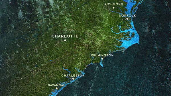 Inland Satellite view of the eastern US. Parts of the coast are highlighted in light blue, showing rising sea waters; Title on top reads "Inland," author name on bottom reads "Kate Risse"