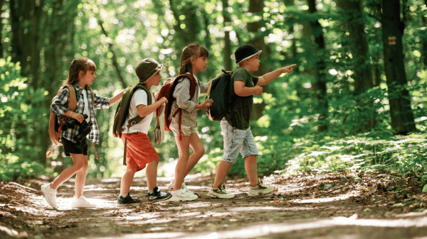 Children Nature Hike Four children wearing backpack hike a path in a green forest