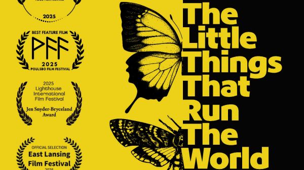 The Little Things That Run the World documentary poster, yellow and black with silhouettes of flying insects