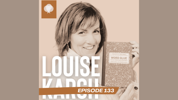Ep. 133 Louise Karch image of podcast guest for Episode 133 of the TALATERRA podcast shows a woman holding a book she authored