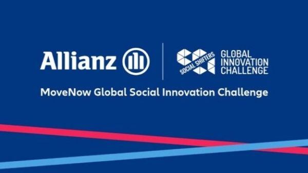A blue banner featuring the Allianz and Social Shifters Global Innovation Challenge logos, the text “MoveNow Global Social Innovation Challenge,” and pink and light-blue diagonal lines along the bottom.