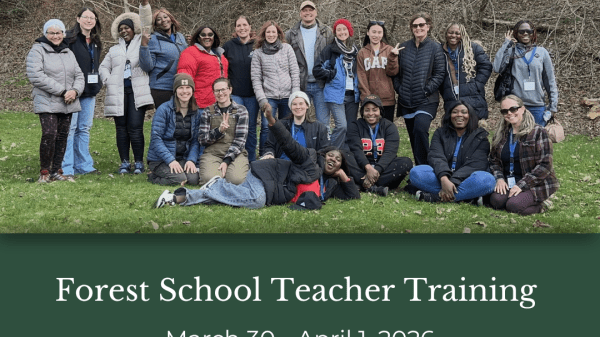 Educators participating in a Forest School Teacher Institute training outdoors in a wooded setting in Tennessee. 