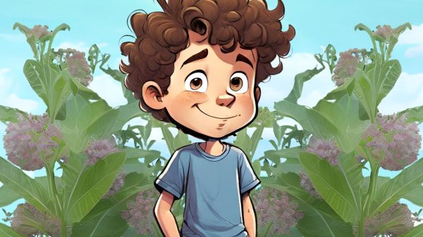 A child with a monarch butterfly flying near his head stands in front of milkweed plants; text at the top reads "Max and the Milkweed"