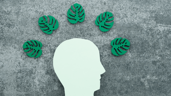 Mental Health and our Changing Climate A cutout silhouette of a head in white is below five green leaf cutouts, all against a gray textured background