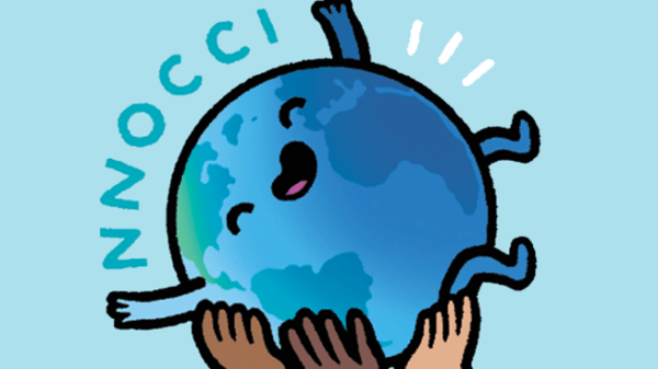 Three cartoon hands hold up a cartoon earth with arms, legs, and a smiling face; text reads "NNOCCI, National Network for Ocean and Climate Change Interpretation"