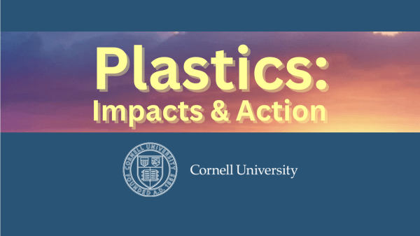 Blue background graphic with a photo of a cloudy sky lit by a sunset. On top of the photo is a bold yellow text overlay that says, "Plastics: Impacts and Action." The white Cornell Univeristy logo is below.