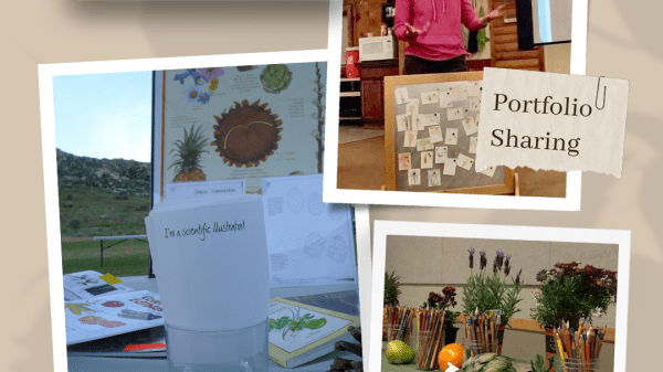 Three photos cacading down showing, from top to bottom, a person standing with a board, close-up of a opaque bucket, and close-up of a paper lying on the ground with a marker and bouquet of pencils nearby