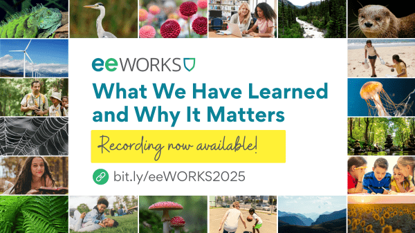 Multiple images represent our relationship with the environment, including wind turbines, kids playing in the grass, a various living creatures. Text says "eeWORKS: What We Have Learned and Why It Matters."