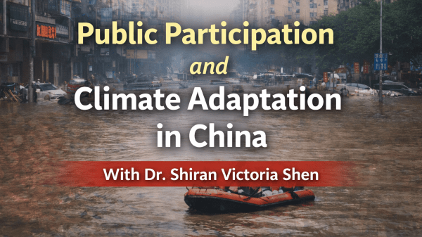 Text reads "Public Participation and Climate Adaptation in China" against a picture of a flooded city