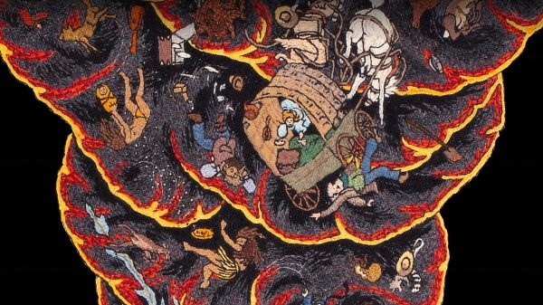 A Radical Thread documentary poster featuring an illustration of wagons and people lifted up through a stylized smoke design