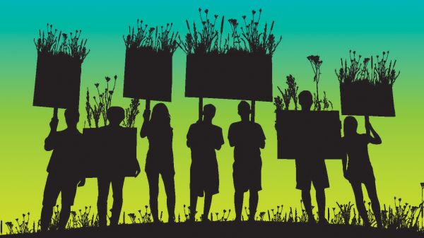 Regenerating Life Regenerating Life poster that shows an illustration of a group of people holding signs silhouetted against a blue-green gradient background