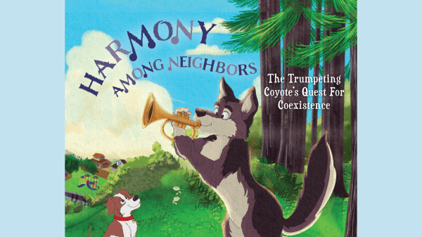 Harmony Among Neighbors Cartoon coyote playing a playing a trumpet while a puppy sits nearby watching; behind them is a cloudy sky and trees