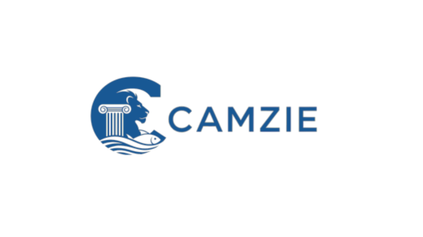 A logo of a C with a lion, column, and a fish in it with the word CAMZIE next to it.