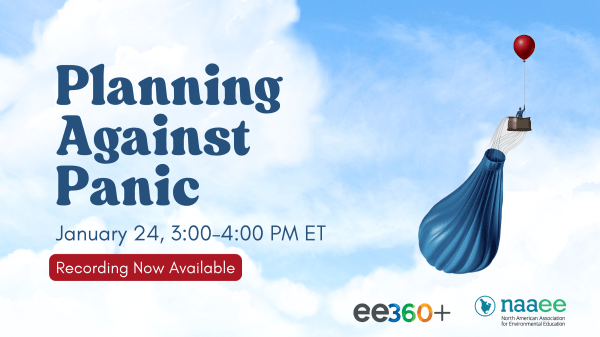 A hot air balloonist floats with a small red balloon as the large balloon drags behind it. In blue text "Planning Against Panic."