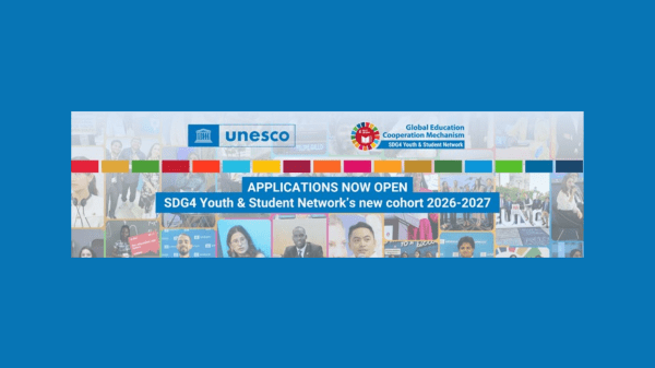 SDG4 Youth & Student Network The image features the UNESCO logo and the logo for the "Global Education Cooperation Mechanism SDG4 Youth & Student Network." The background includes various images of young people engaged in what seem to be educational or collaborative activities.