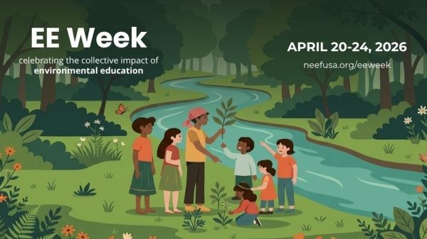 EE Week, illustration of people with plants outside by river
